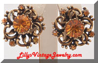 Vintage CORO Antiqued Golden Amber Rhinestones Earrings