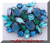 Kramer blue green art glass rhinestones brooch