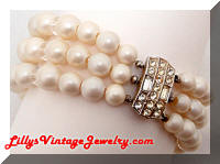 Vintage 3 Strands faux Pearls Crystals Rhinestones Bracelet