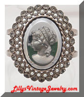 Large Vintage Hematite Pearls Cameo Cuff Bracelet