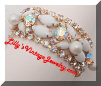 White Milk Glass AB Rhinestones Pearls Dangles Vintage Bracelet