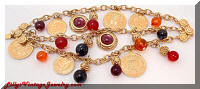 Vintage 3 Strand Golden Coins Beads Charm Bracelet