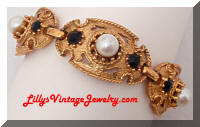 Vintage Golden Pearls Garnet Rhinestones Link Bracelet