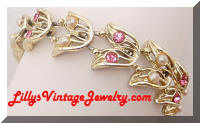 Vintage Golden Pink Rhinestones faux Pearls Bracelet