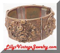 Vintage Golden Repousse Roses Floral Cuff Bracelet