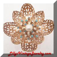 Vintage 3D Golden Pearls Rhinestones Flower Brooch