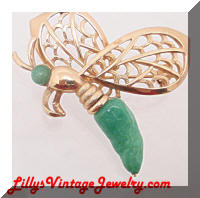 Vintage Golden faux Jade Butterfly Bug Brooch