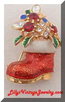 Vintage Jeweled Rhinestones Christmas Boot Brooch