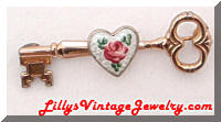 Vintage CORO Guilloche Enamel Rose Key Brooch