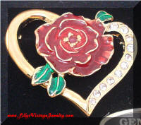 Genuine Ruby Enamel Rose Heart Brooch