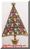 Vintage HOLLYCRAFT Rhinestones Golden Christmas Tree Brooch