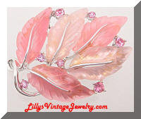 LISNER Pink Rhinestones Lucite Leaf Brooch