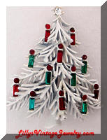 Vintage LISNER White Enamel Rhinestones Christmas Tree Brooch