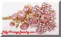Vintage Miriam HASKELL Pink Rhinestones Beads faux Pearls Floral Brooch