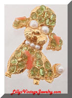 Vintage Golden Peridot Coral Pearls Puppy Brooch