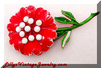Vintage Red Enamel White Rhinestones Flower Brooch