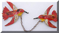 Vintage Fred Gray Enamel Rhinestones Birds Chatelaine Pins
