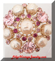 Vintage WEISS Pink Rhinestones faux Pearls Brooch