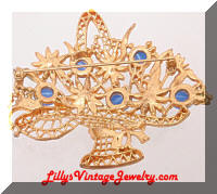 Vintage Large Golden Blue Moonstone Rhinestones Floral Basket Brooch