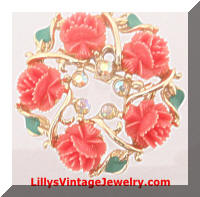 Coral Roses AB Rhinestones Circle Vintage Brooch