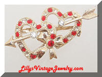 Vintage Golden Double Hearts Red Rhinestones Brooch