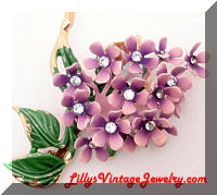 Vintage Enamel Purple Flowers Rhinestones Brooch