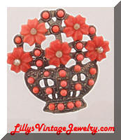 Vintage faux Pearls Coral Plastic Floral Basket Pin