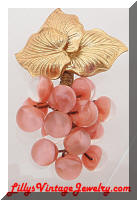 Vintage Golden Leaves Pink Glass Beads Brooch