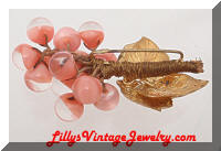 Vintage Golden Leaves Pink Glass Beads Brooch
