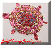 Vintage Pink Rhinestones faux Opal Turtle Brooch