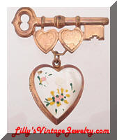 Vintage Golden Key Heart Locket MOP Sweetheart Brooch