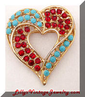 Vintage Turquoise Red Rhinestones Heart Brooch