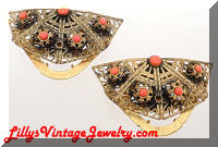 Vintage Antiqued Golden Coral Cabs Fan Dress Clips Pair