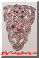 Vintage Art Deco Silver Pink Rhinestones C Shamrock Dress Clip