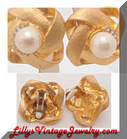 Vintage Golden Ribbon Pearls Rhinestones Earrings