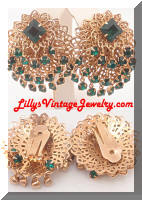 Vintage Golden Filigree Green Rhinestones Dangle Earrings