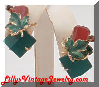 Hattie CARNEGIE Rhinestones Enamel Leaf Vintage Earrings