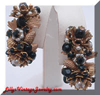 Vintage JONNE Black Beads Rhinestones Hoop Earrings