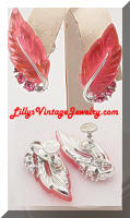 LISNER Pink Rhinestones Molded Lucite Leaf Earrings