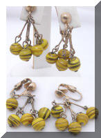 Yellow Swirl Glass Beads Dangle Vintage Earrings