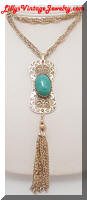 Vintage Golden faux Jade Tassel Pendant Necklace