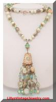 Vintage Tan Peridot Green Beads Crystals Pendant Necklace