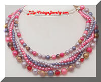 Vintage JAPAN Pink Purple Brown 5 Strand Beads Necklace