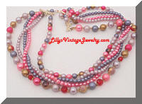 Vintage JAPAN Pink Purple Brown 5 Strand Beads Necklace