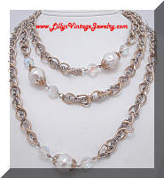 Long Vintage faux Pearls Crystals Silver & Gold tone Necklace
