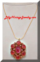 Vintage Art Glass Pink Cabs Rhinestones Locket Necklace