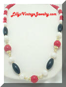 Red Black White Plastic Beads Vintage Necklace