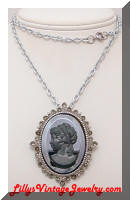 Vintage Hematite Silver Cameo Brooch Necklace Combo