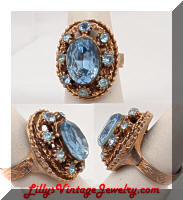 Chunky Blue Rhinestones Golden Vintage Cocktail Ring