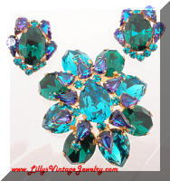 Vintage Domed AUSTRIA Green Blue Rhinestones Brooch Earrings Set